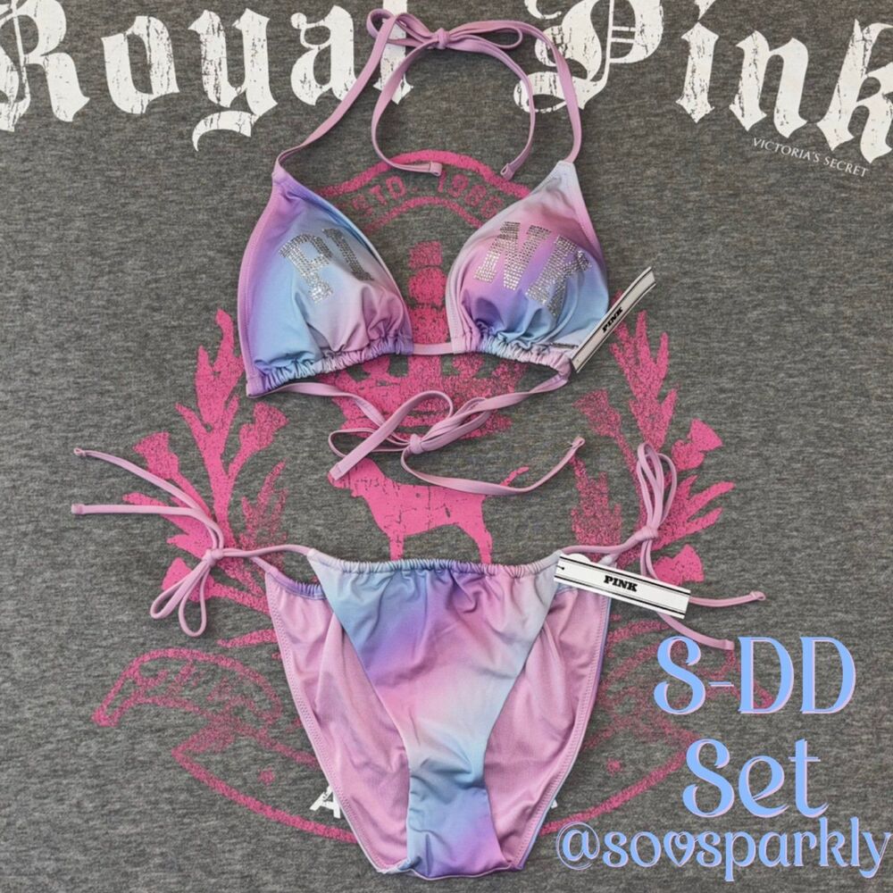 Victorias Secret PINK Rainbow Ombre Cotton Candy Bling String Bikini Set S-DD